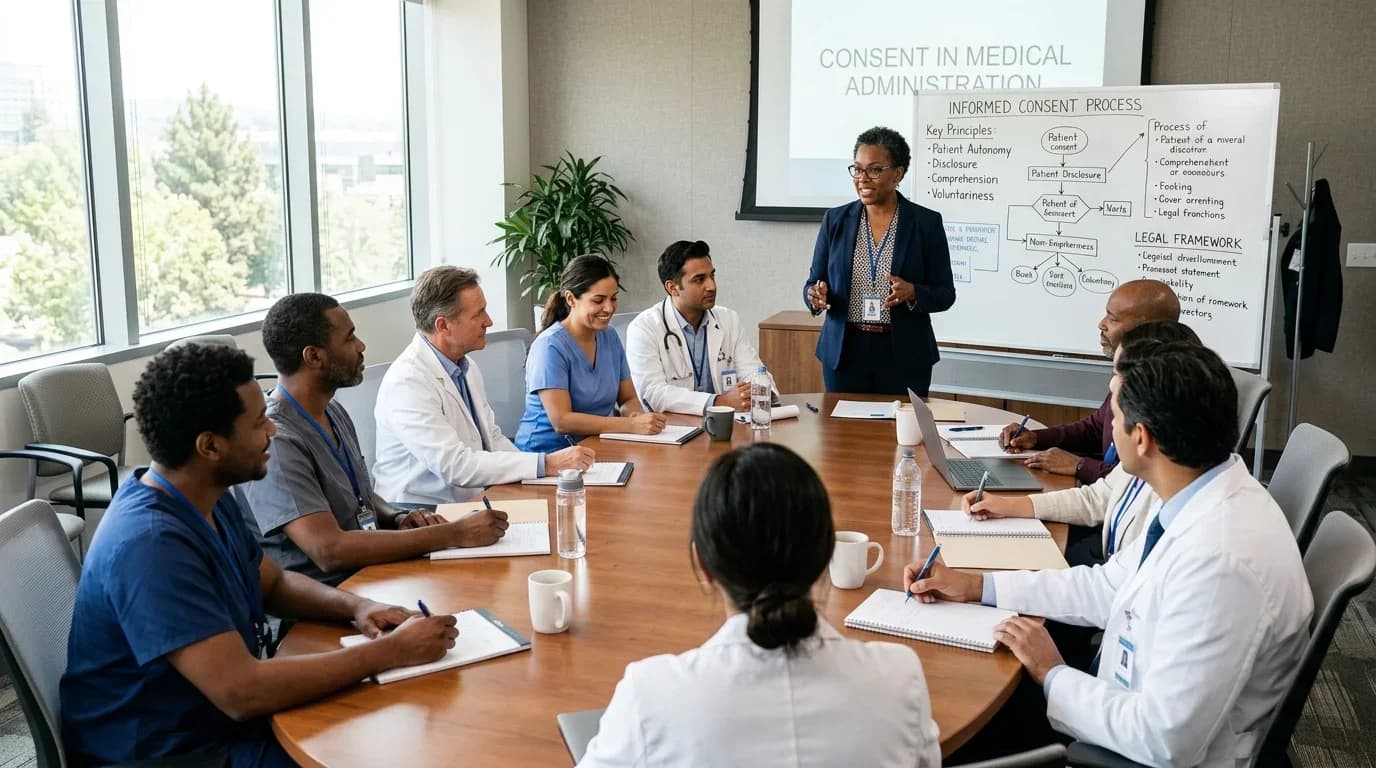 A diverse group of healthcare professionals engage in a training session on consent in medical administration around a conference table.