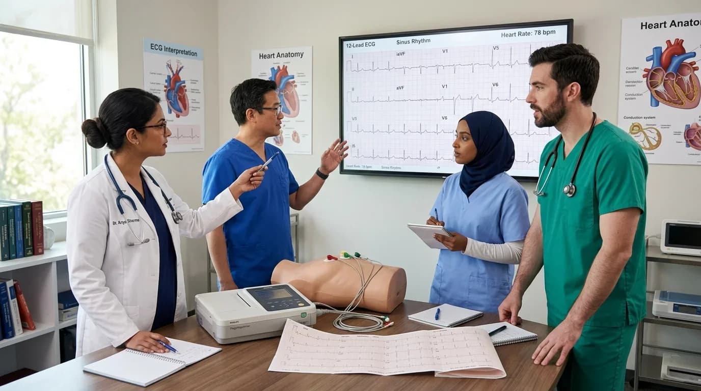 A diverse group of healthcare professionals discusses ECG rhythms around a training mannequin and ECG equipment in a bright classroom setting.