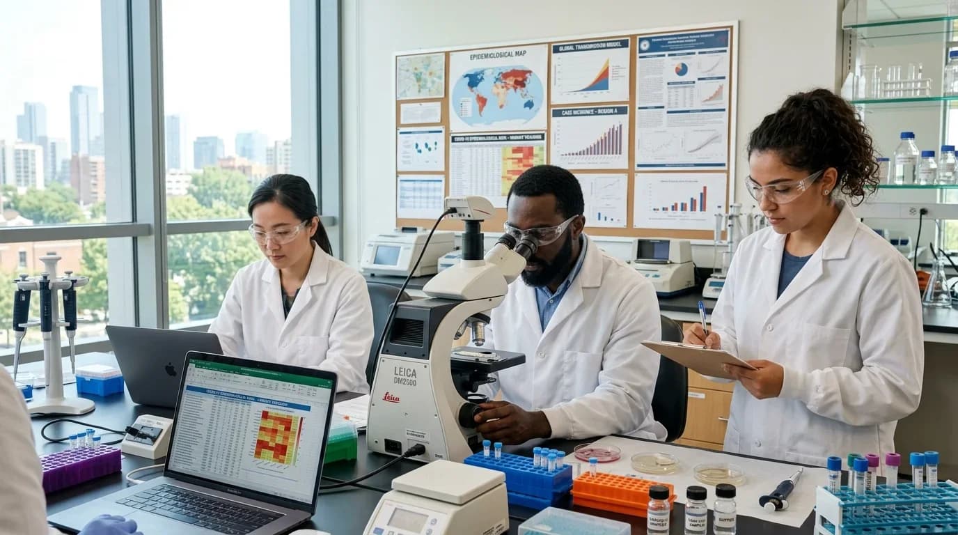 Three professionals in lab coats work collaboratively in a bright laboratory, using microscopes and computers to analyze epidemiological data.