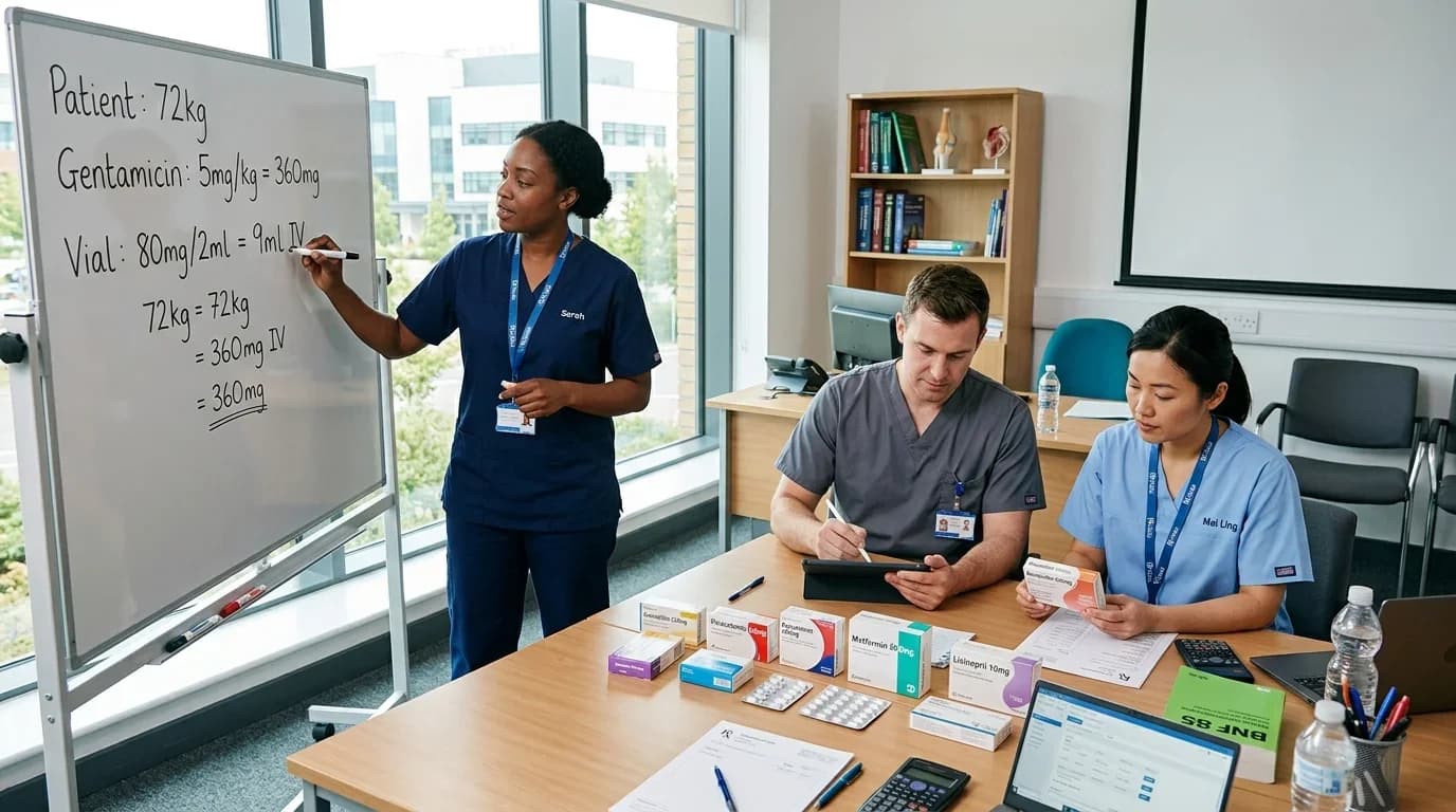 A diverse group of nursing students engages in a classroom discussion about medication calculations, surrounded by medical supplies and learning materials.