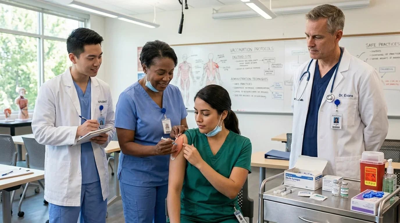 A healthcare training session showing students practicing vaccination techniques under the guidance of instructors in a classroom setting.