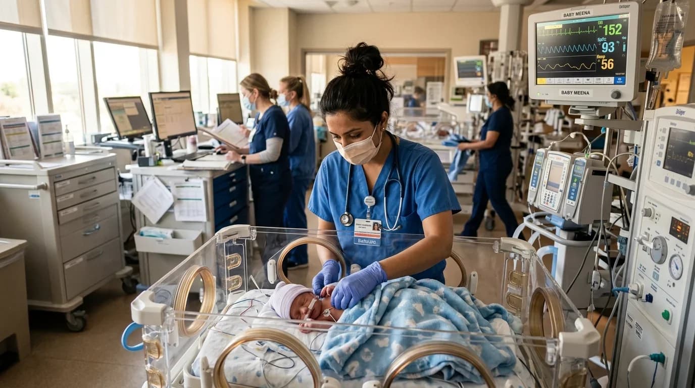 A neonatal nurse in scrubs cares for a newborn in an incubator, surrounded by medical equipment and colleagues in a busy hospital setting.