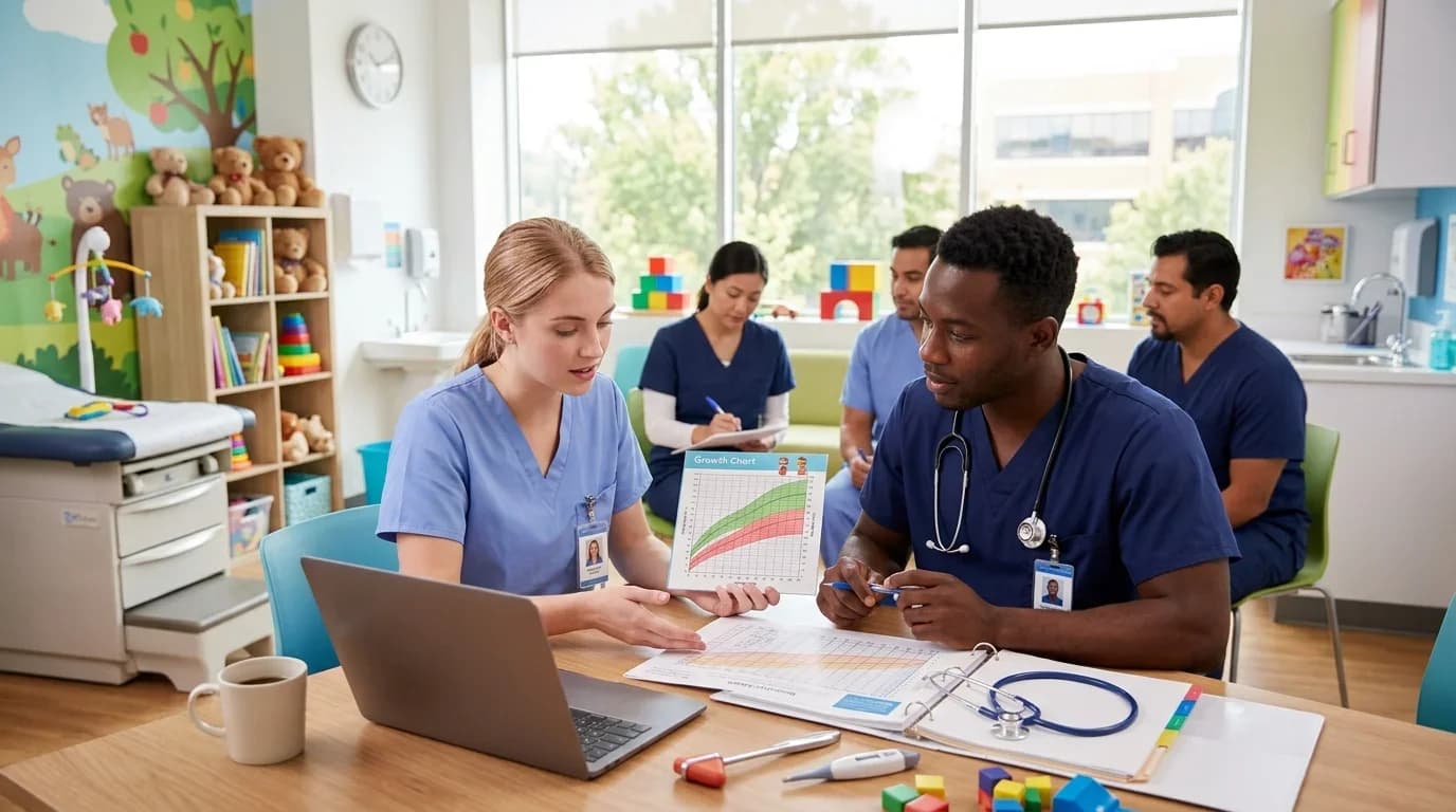 A group of healthcare trainees in scrubs collaborates in a bright pediatric setting, discussing a growth chart and engaging with learning materials.