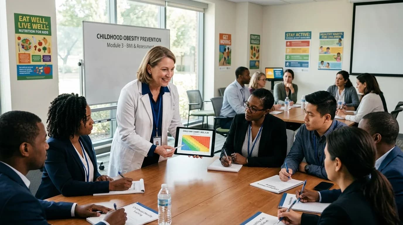 A diverse group of professionals engages in a training session on childhood obesity, focusing on BMI assessment, with educational materials displayed.