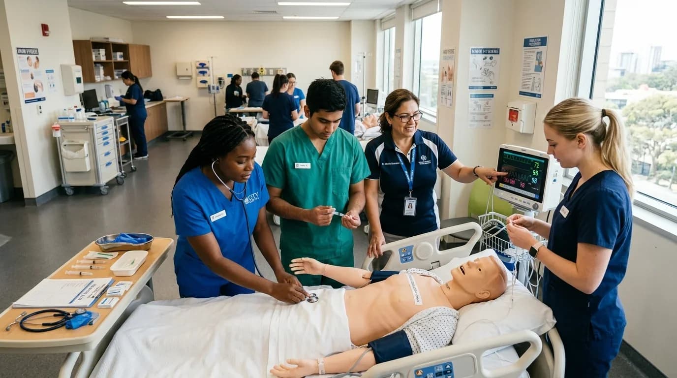 Students practice clinical nursing skills on a medical mannequin in a bright, modern training facility, using various medical equipment.