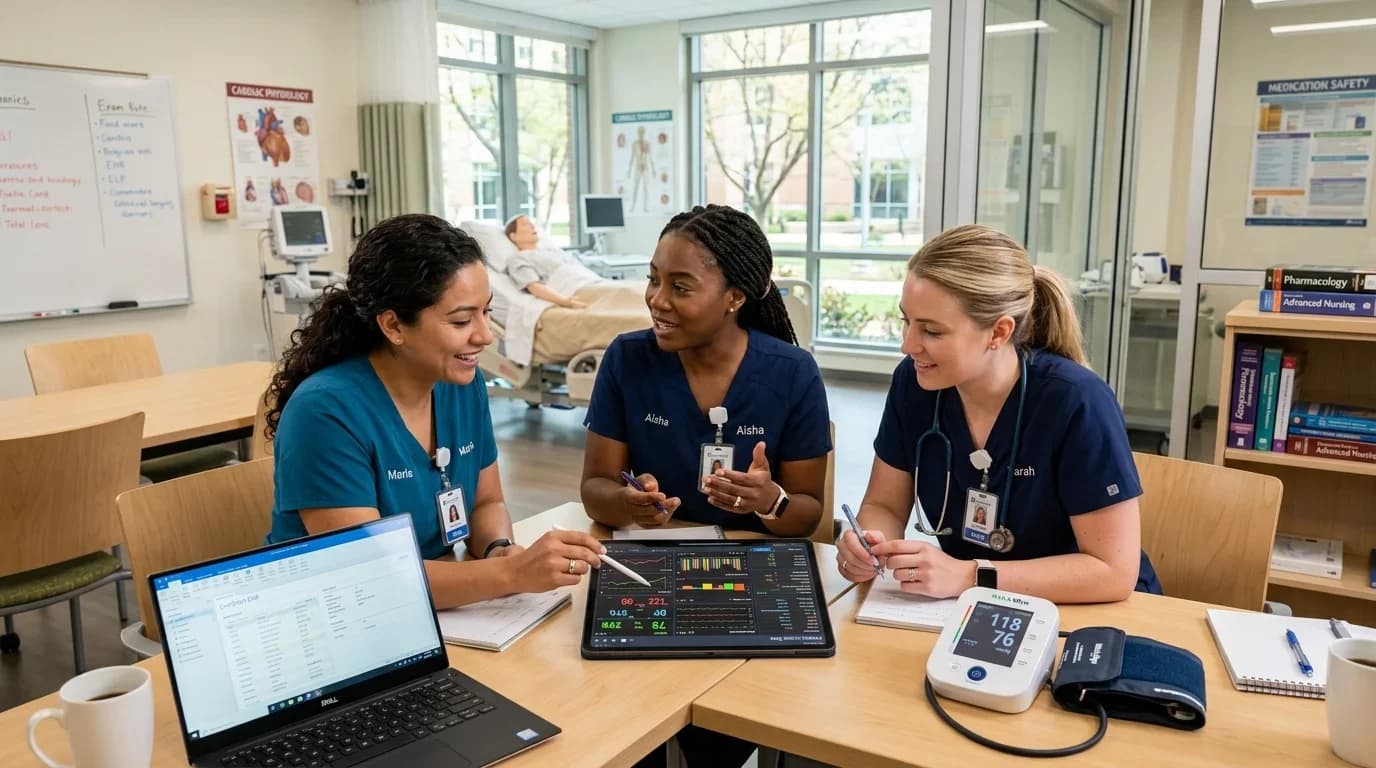Three nursing students collaborate over a digital tablet and laptop in a modern training room, discussing patient data and technology in nursing.