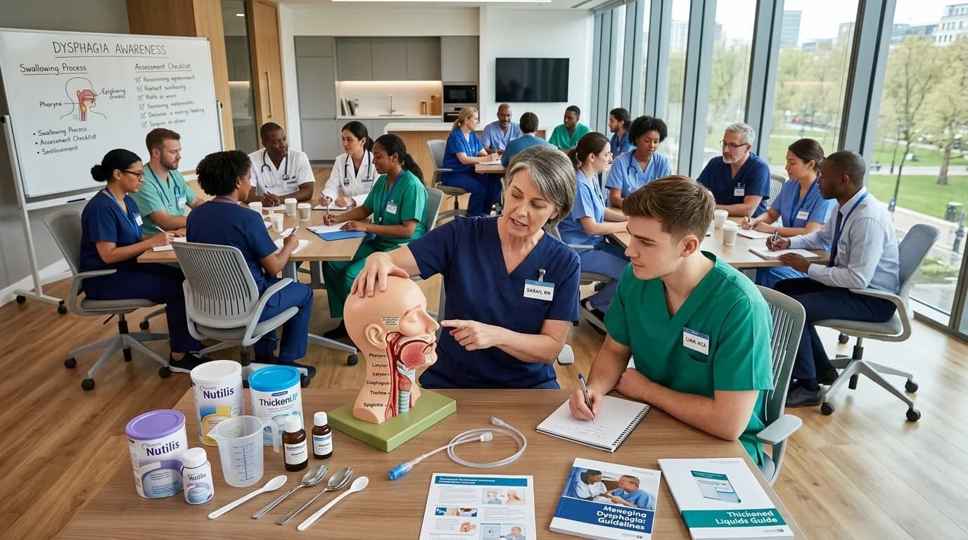 A diverse group of healthcare professionals engages in Dysphagia Awareness training, using models and materials to enhance understanding of swallowing processe…