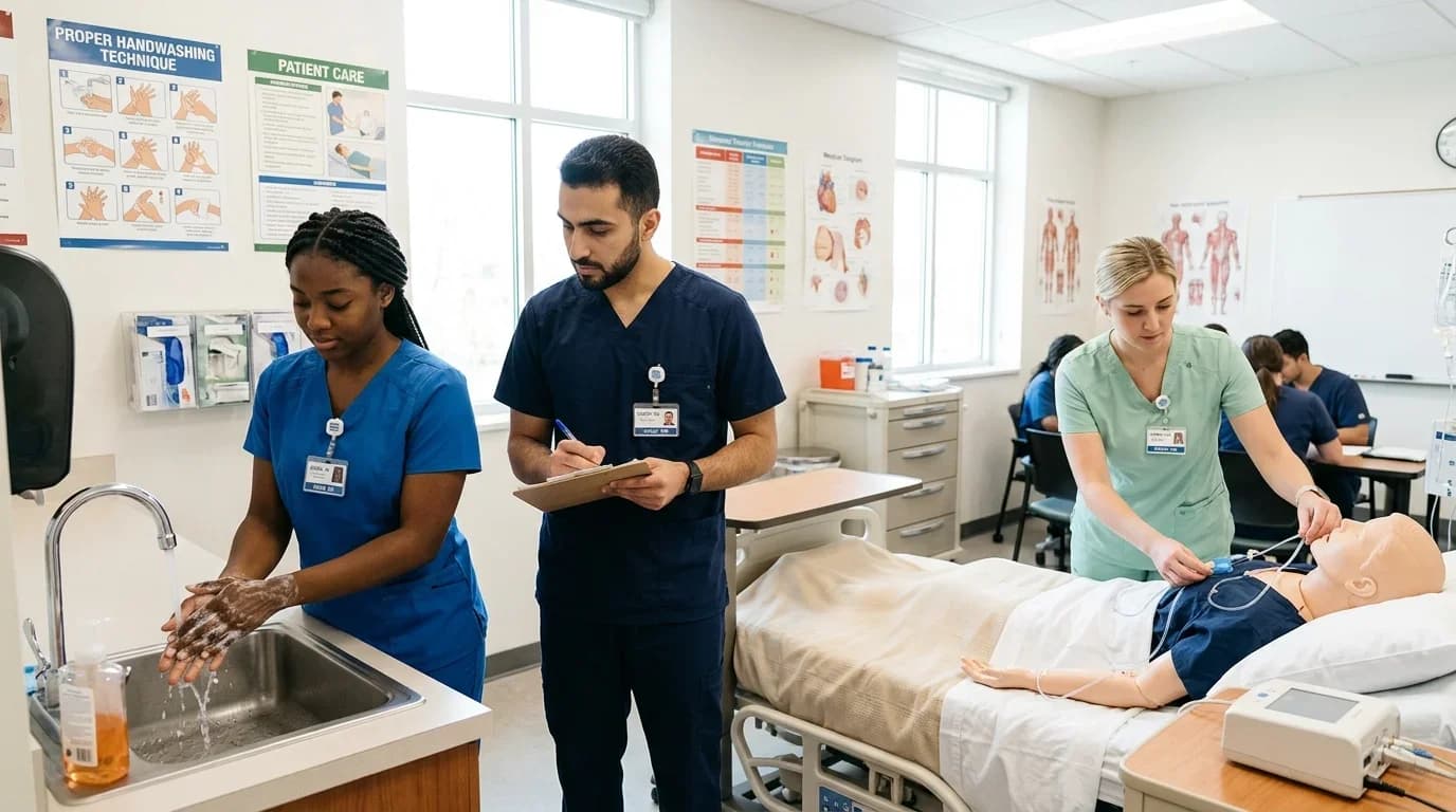 Students practice nursing skills in a classroom, including handwashing and patient care with a medical dummy, emphasizing foundational nursing training.