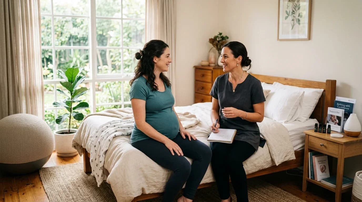A pregnant woman and a doula engage in a supportive conversation in a cozy, well-lit room, emphasizing the nurturing aspect of maternity care training.