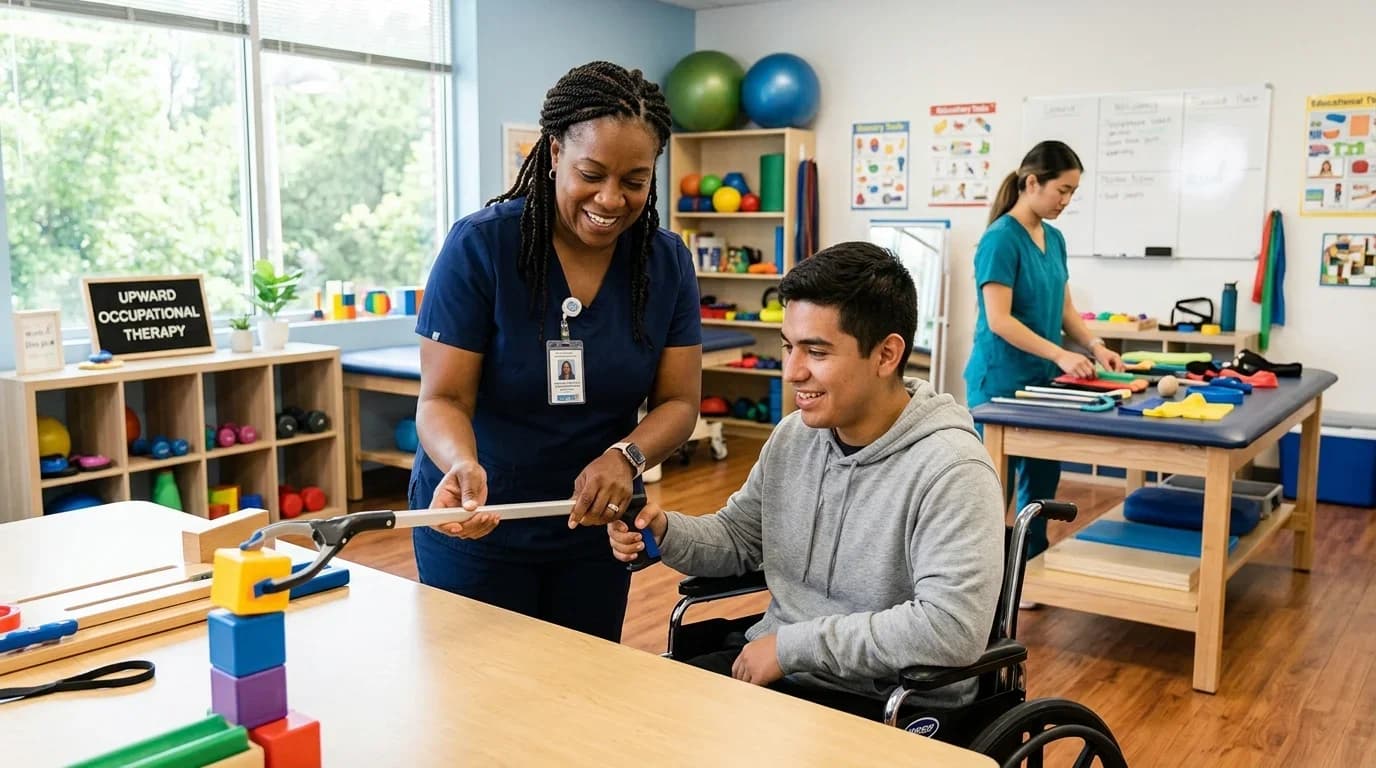 A smiling occupational therapist assists a young man in a wheelchair with therapy tools in a bright, welcoming therapy room.
