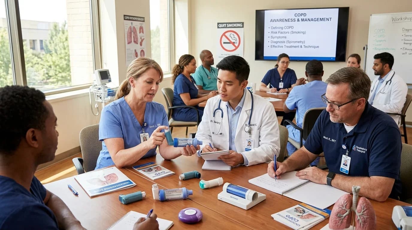 Healthcare professionals engage in a training session on COPD awareness, discussing inhalers and treatment techniques in a collaborative classroom setting.
