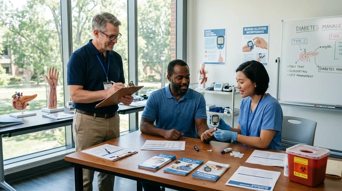 A healthcare professional demonstrates blood glucose monitoring to a patient, with educational materials and models in a training setting focused on diabetes a…