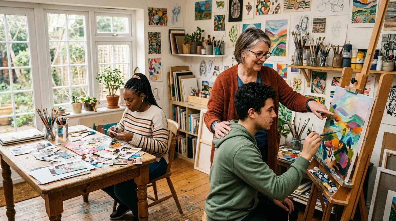 A cozy art studio with a woman guiding a young man painting, while another woman examines materials, reflecting emotional healing through creativity.