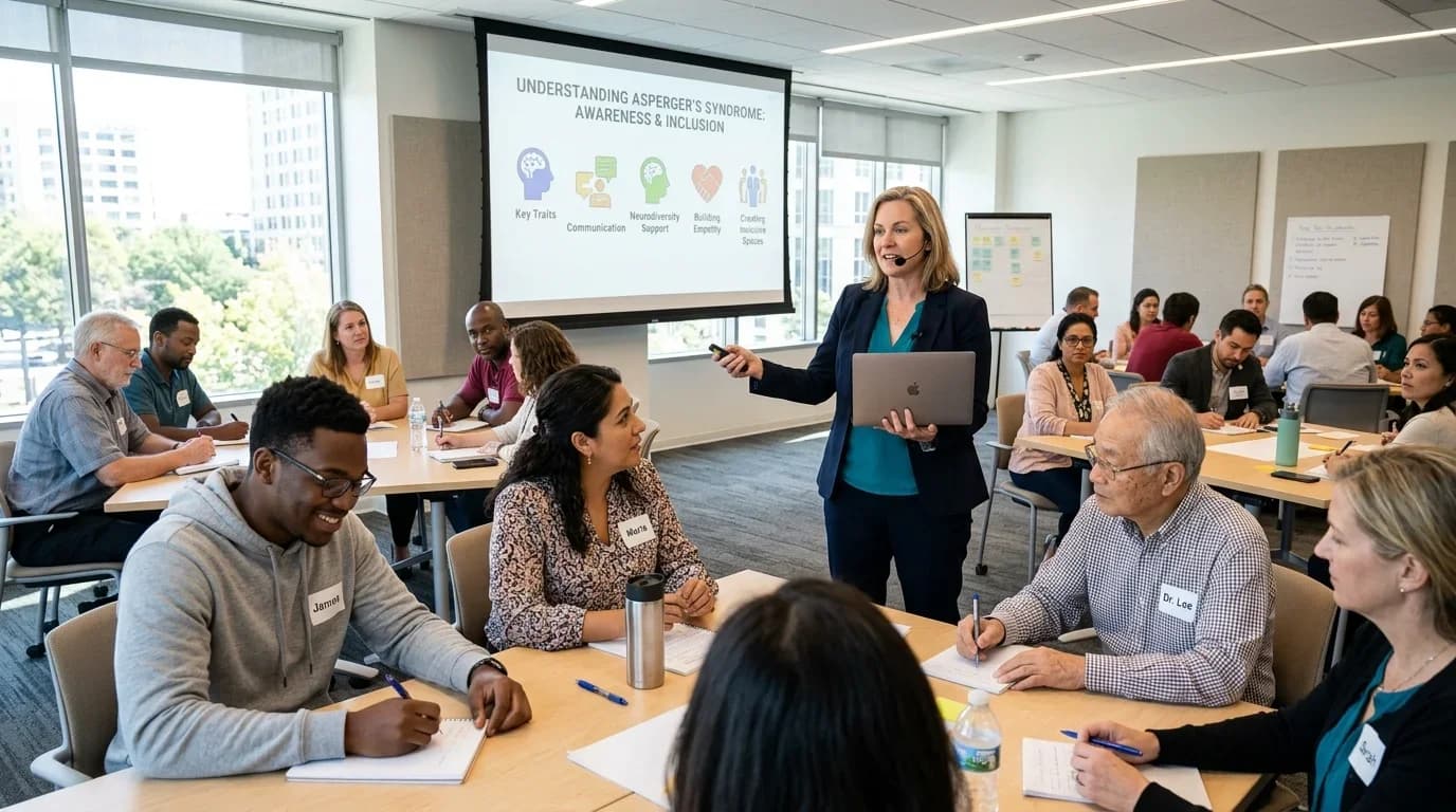 A diverse group of participants engages in a training session on Asperger's Syndrome awareness, led by an instructor using a laptop and visual aids.