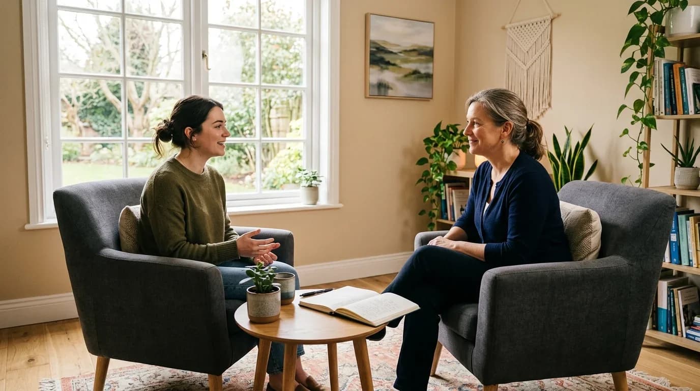 Two women engage in a counseling session in a cozy, well-lit room with plants and books, reflecting a supportive learning environment.