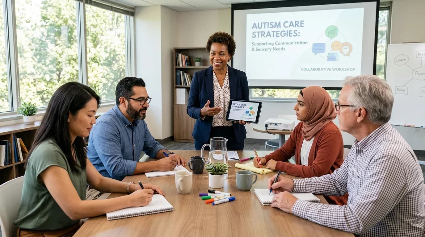 A diverse group of professionals engaged in a collaborative workshop on autism care strategies, with a focus on communication and sensory needs.