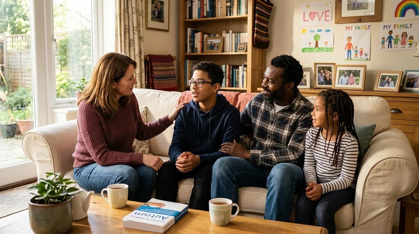A family sits together in a cozy living room, discussing autism's impact, highlighting connection and support in a nurturing environment.