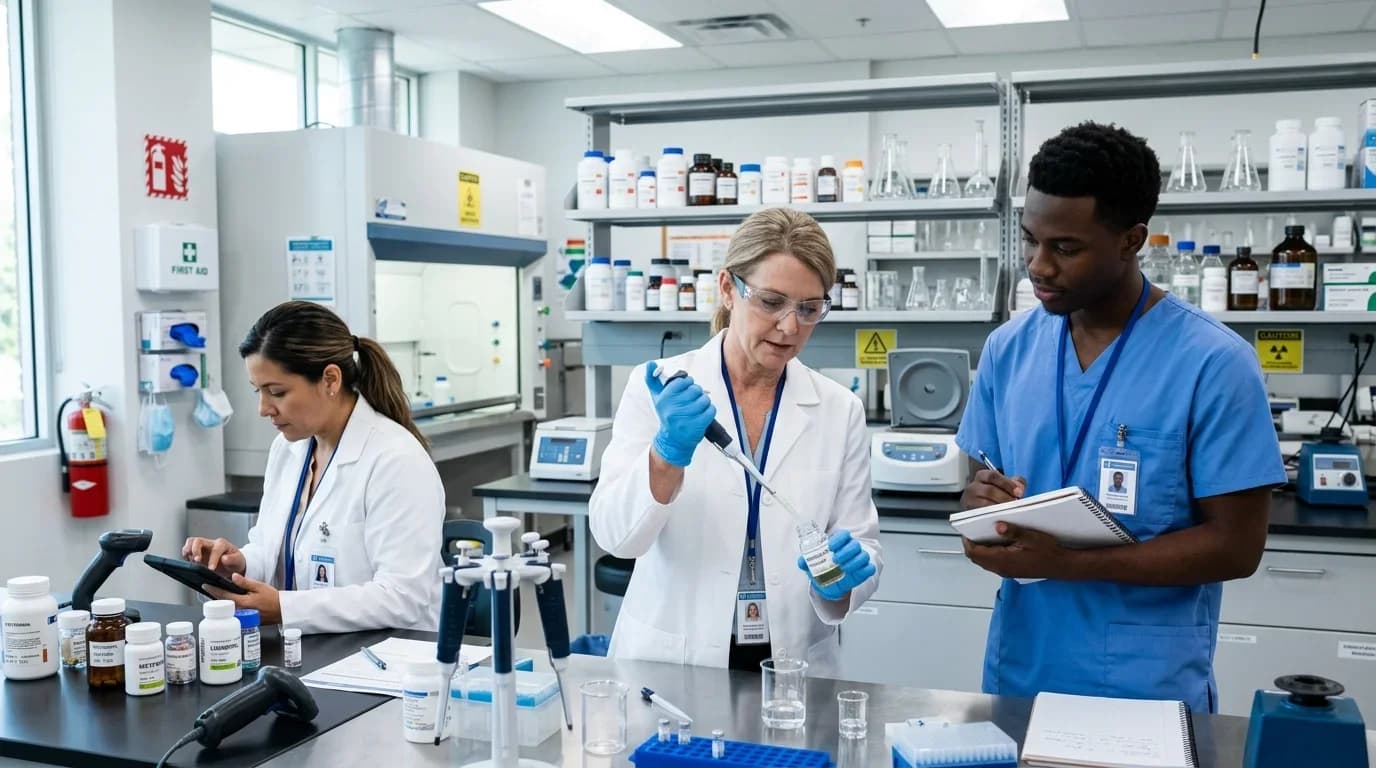 Three professionals in a lab setting engage in medication administration training, using equipment and discussing procedures amidst various medication containe…