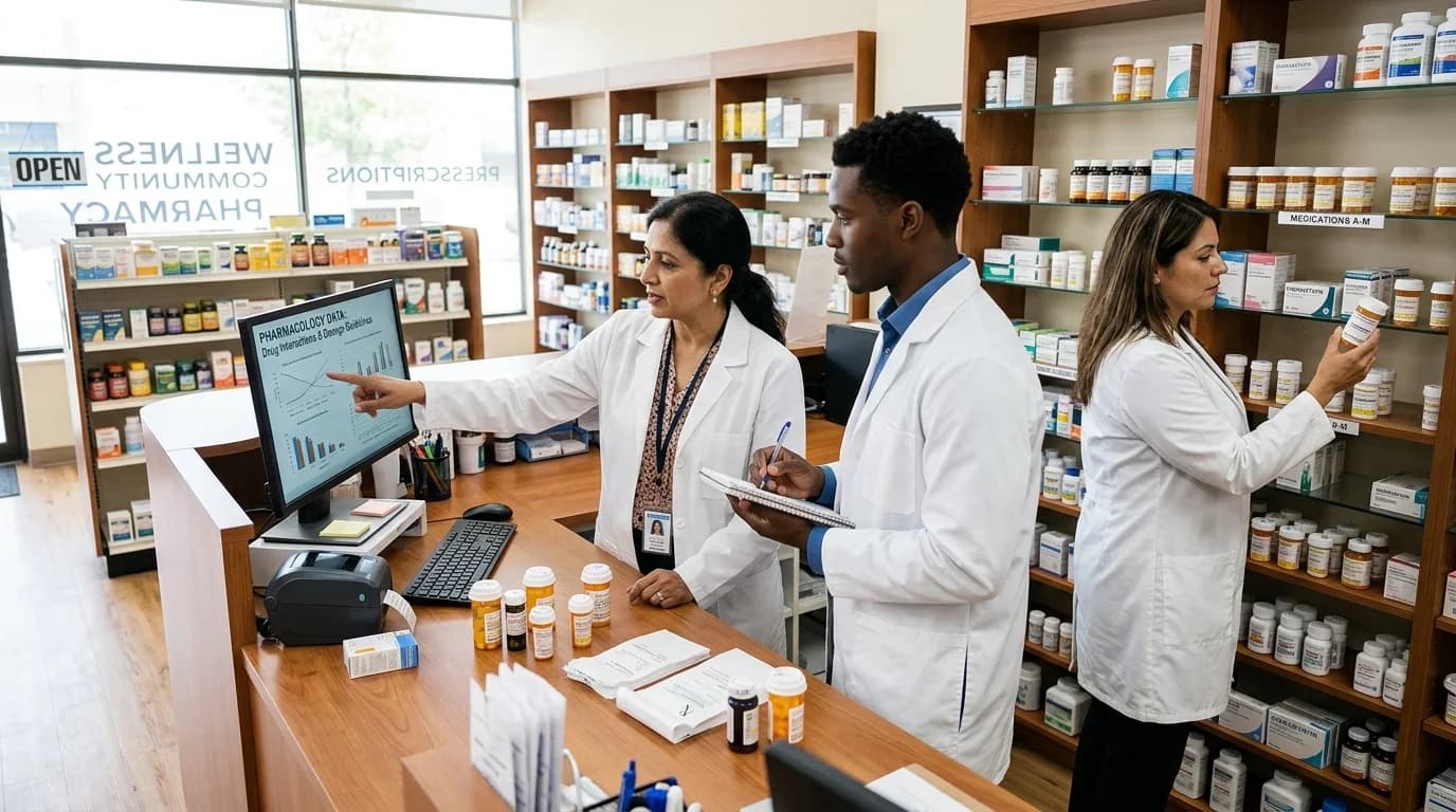 Three pharmacy professionals discuss pharmacology data at a computer in a well-stocked pharmacy, emphasizing training in community and institutional pharmacy.