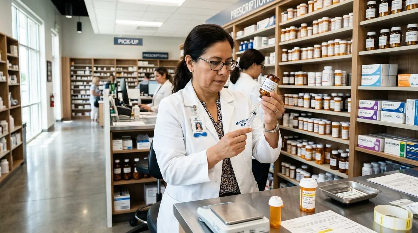 A pharmacist in a lab coat examines a medication bottle in a modern pharmacy, illustrating the training focus on medication control and administration.