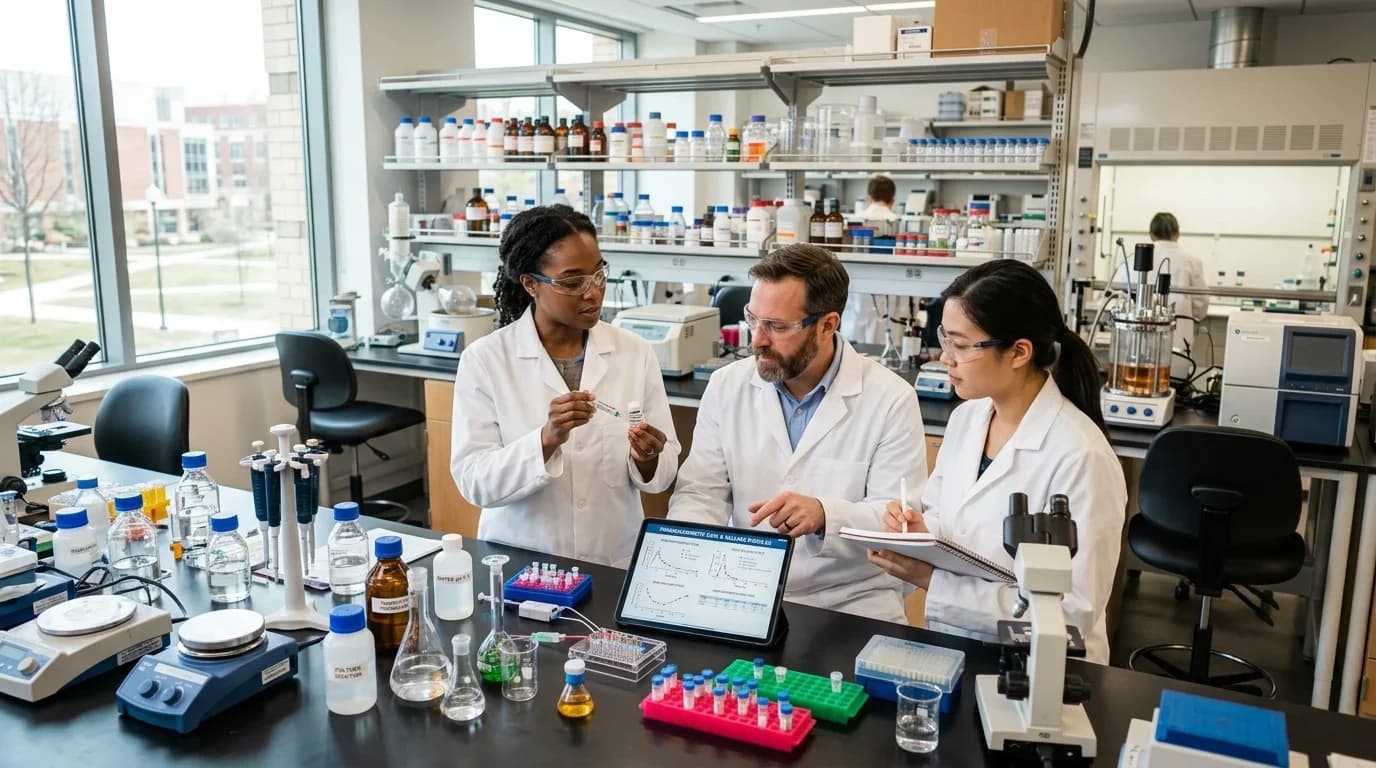 Three professionals in lab coats collaborate in a modern laboratory, discussing drug delivery techniques with various scientific equipment and materials.
