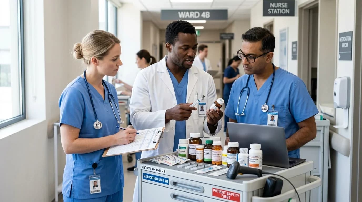 Healthcare professionals discuss medication management at a hospital, emphasizing teamwork and training for safe administration of medicines.