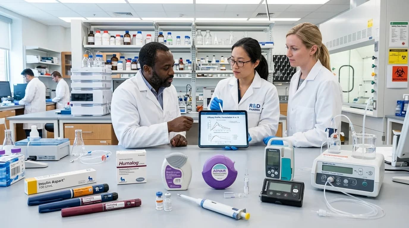 Three professionals in lab coats discuss controlled drug delivery devices, surrounded by various medical equipment and supplies in a modern laboratory setting.