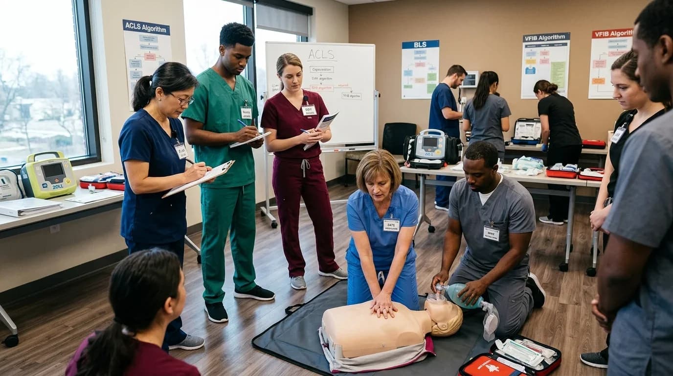 A group of healthcare professionals practicing advanced cardiac life support techniques on a manikin in a training classroom setting.