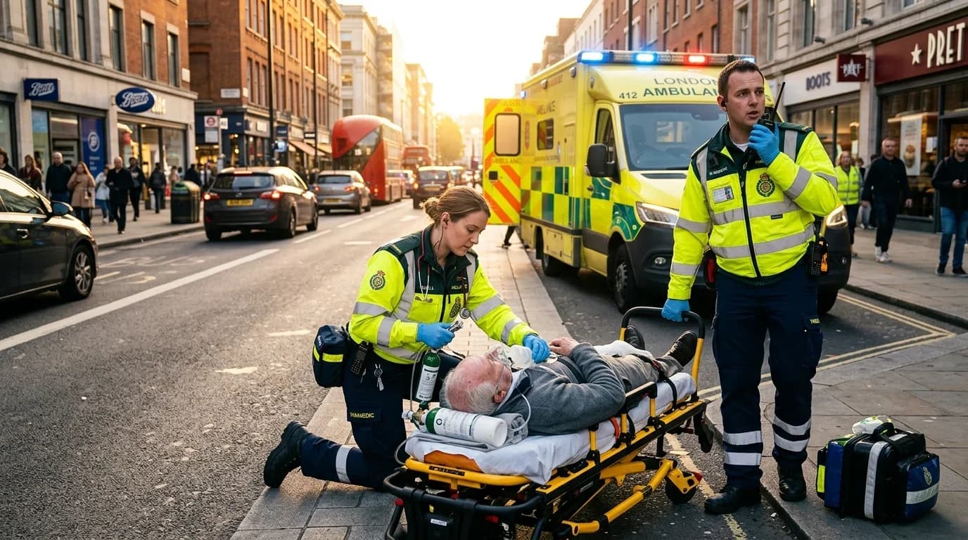 Paramedics assist an elderly man on a stretcher in a busy urban street, highlighting emergency care skills relevant to the training course.