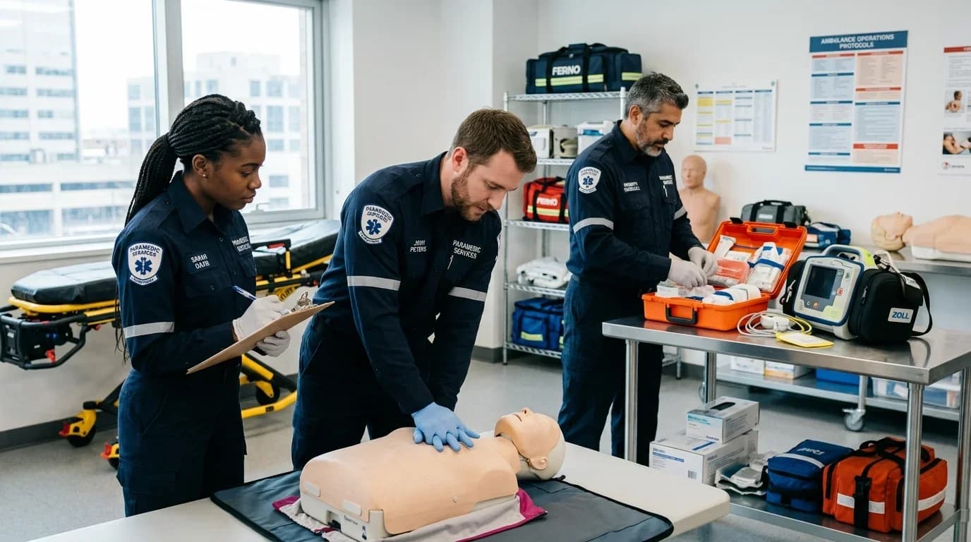 Three paramedics practice emergency care techniques on a CPR manikin in a training room, surrounded by medical equipment and instructional materials.