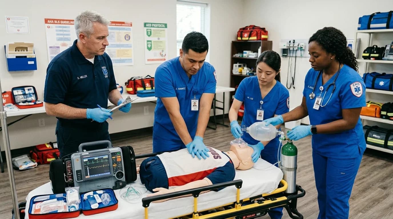Four medical professionals practice emergency care techniques on a training mannequin in a well-equipped classroom setting.