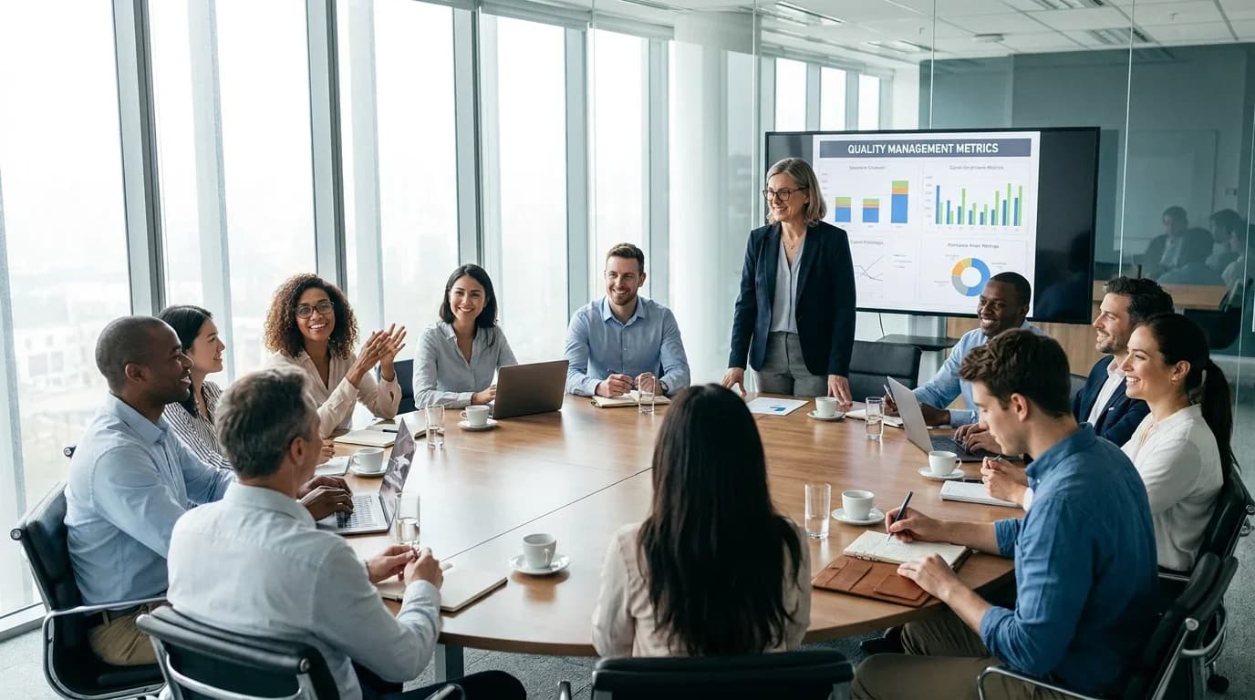 A diverse group of professionals engaged in a meeting, discussing quality management metrics, with charts displayed on a screen in a modern conference room.