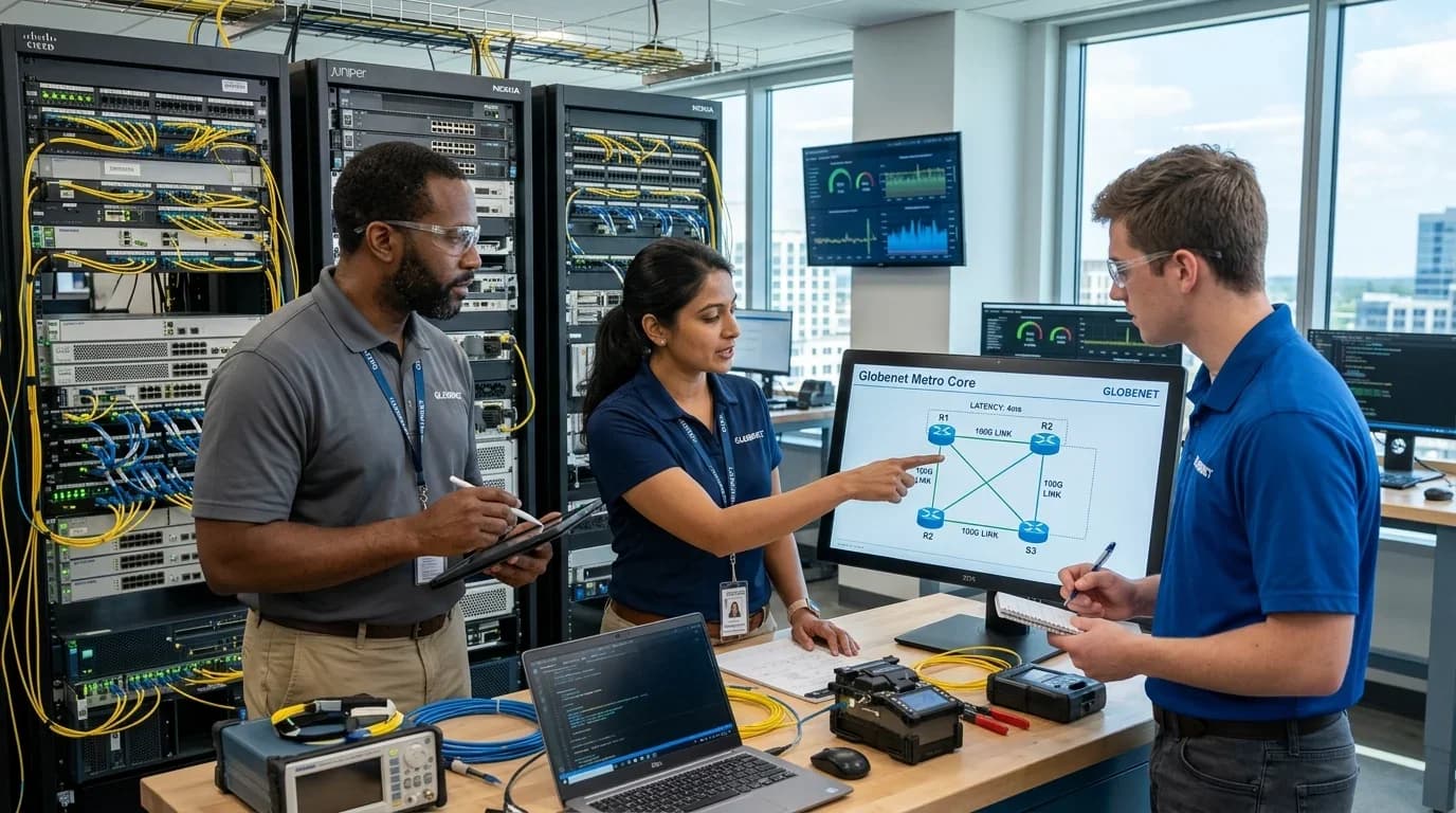 Three professionals collaborate in a tech lab, discussing telecom network diagrams while surrounded by networking equipment and computers.