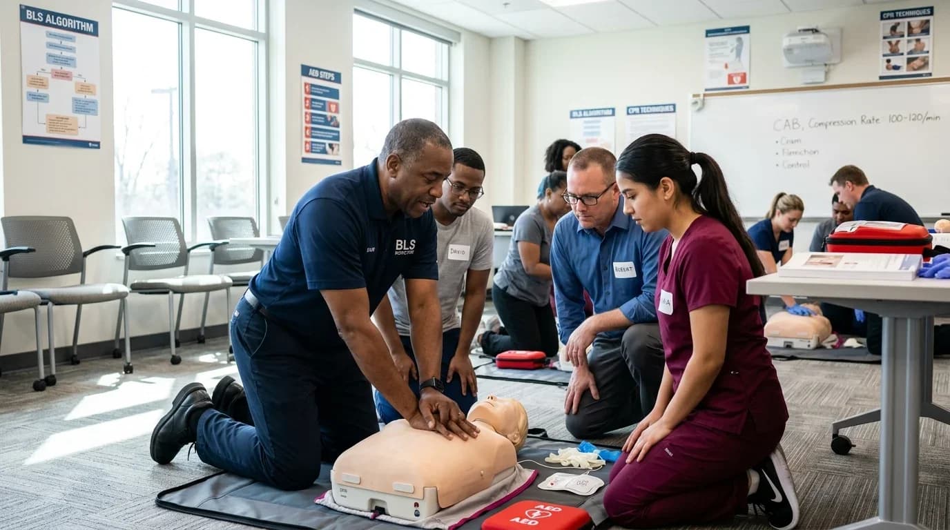 A diverse group of trainees practice adult BLS techniques on manikins in a well-lit training room, emphasizing hands-on learning and collaboration.