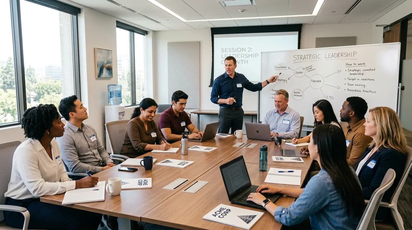 A diverse group of professionals engaged in a corporate training session, focusing on strategic leadership, with a presenter and interactive materials.