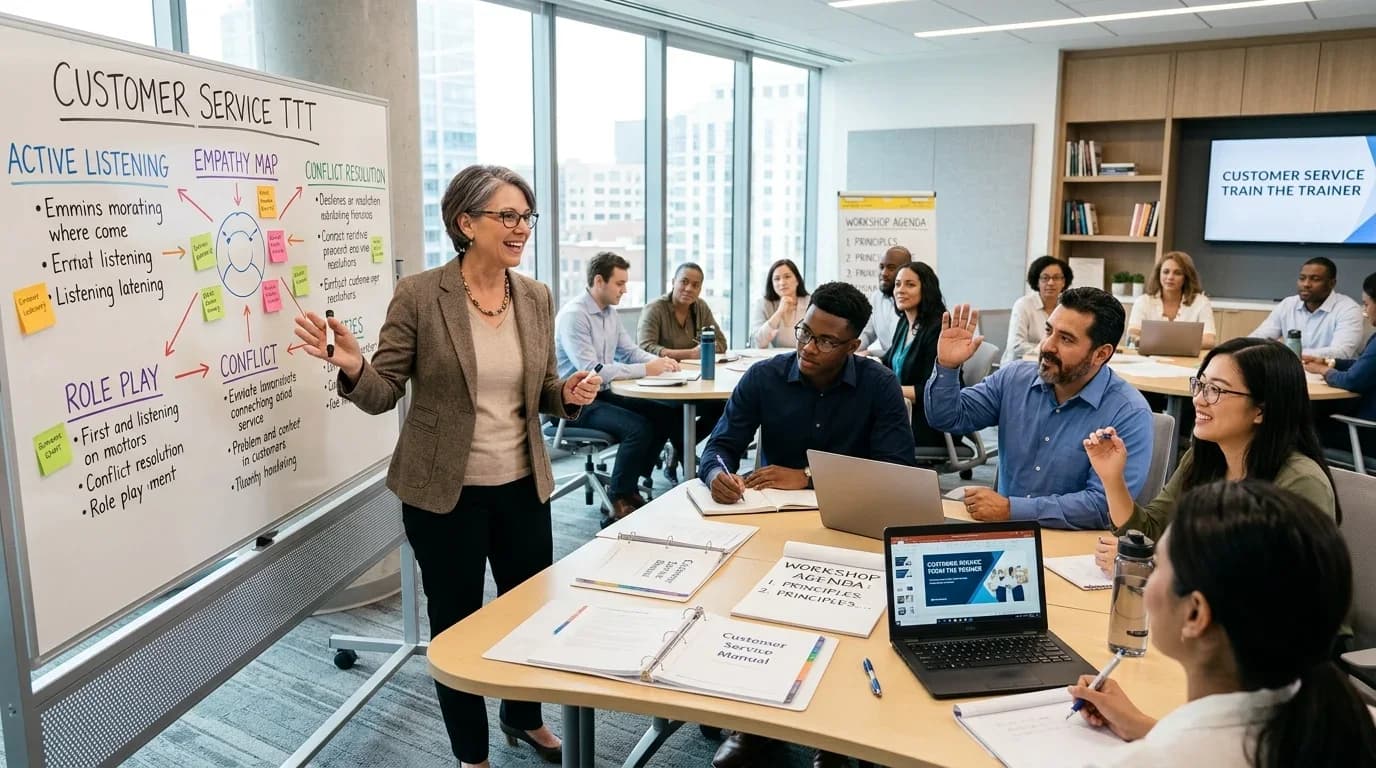 A diverse group of engaged participants in a modern training room, learning customer service skills from an instructor using visual aids.