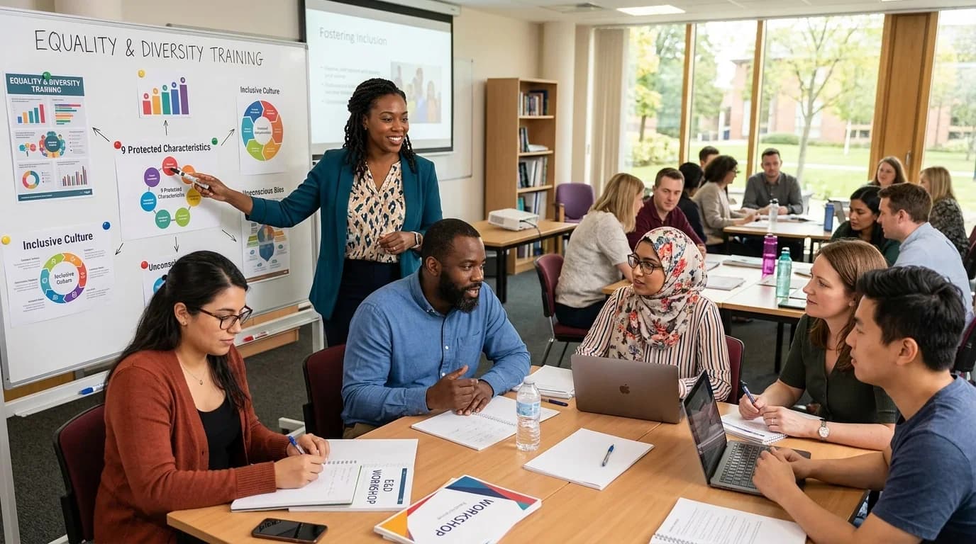 A diverse group of participants engages in an interactive training session on equality and diversity, with visual aids and collaborative discussions.