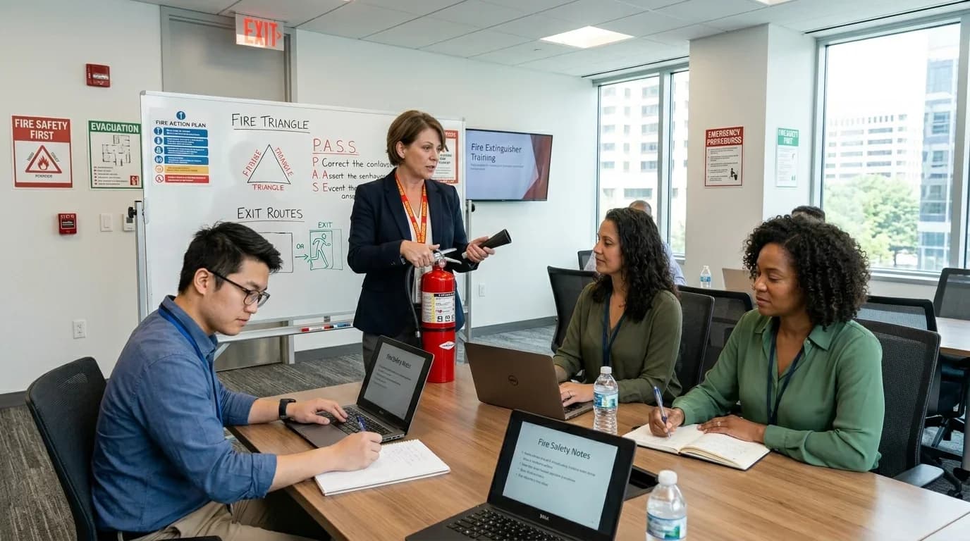 A trainer demonstrates fire safety concepts to engaged participants in a modern classroom setting, featuring a fire extinguisher and instructional materials.