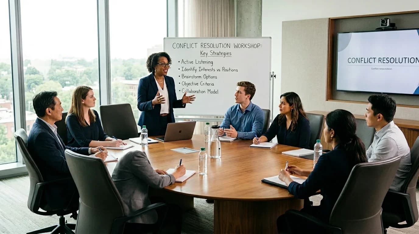 A diverse group of professionals engaged in a conflict resolution workshop, discussing strategies at a modern conference table with presentation materials.