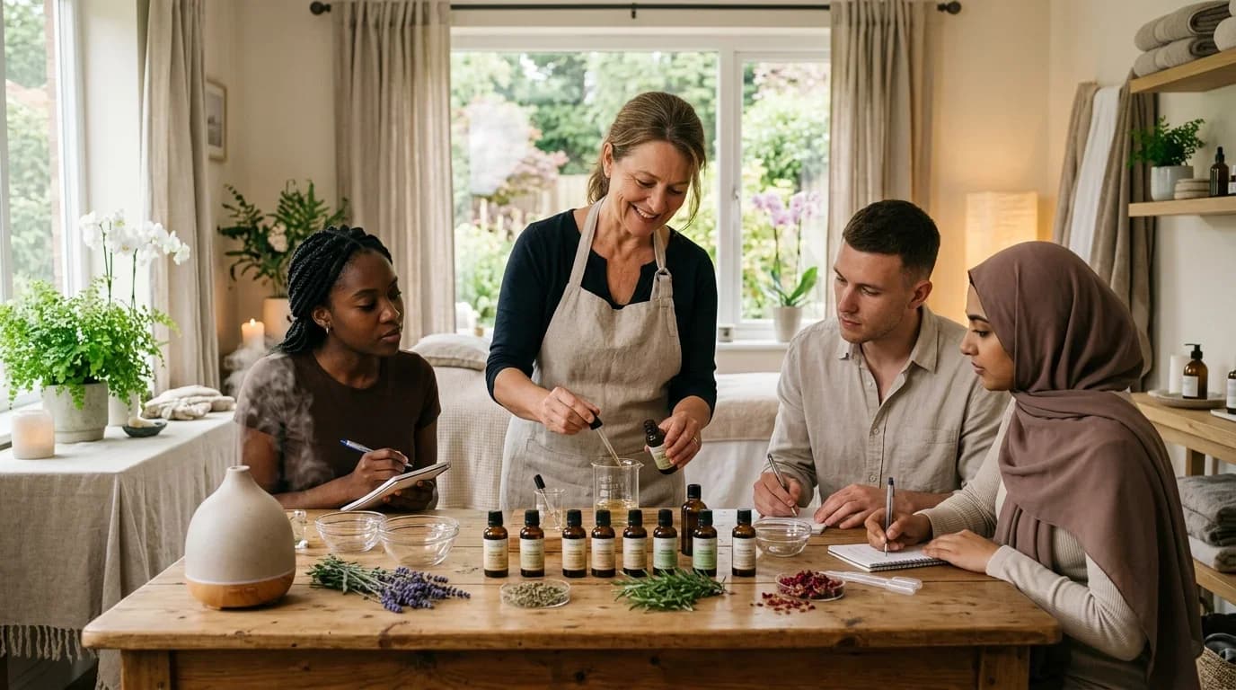 A group of diverse individuals engaged in aromatherapy training, observing a teacher mix essential oils in a cozy, well-lit setting.