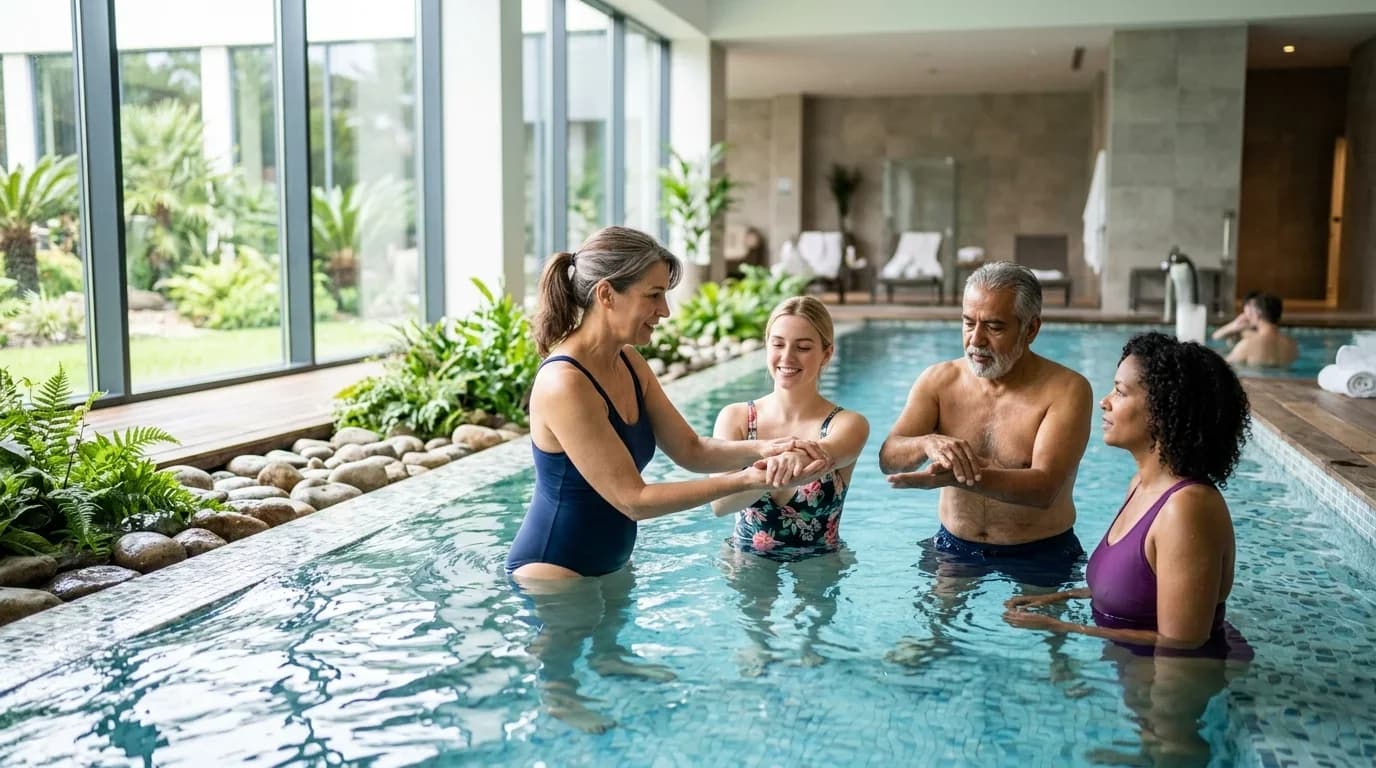 A group of four people engage in hydrotherapy training in a serene, well-lit pool environment, promoting wellness and relaxation.