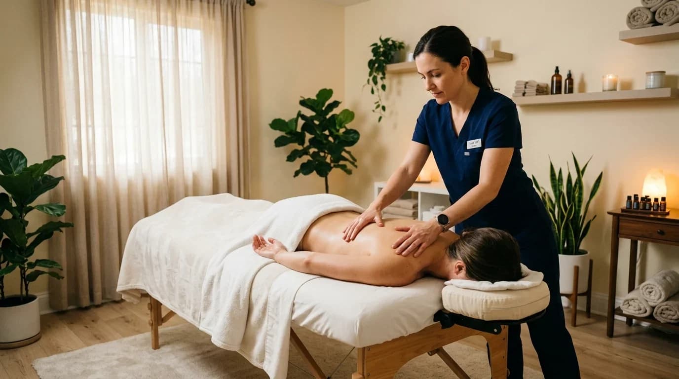 A therapist performs clinical massage on a client in a serene, well-lit treatment room, showcasing practical skills for the course.