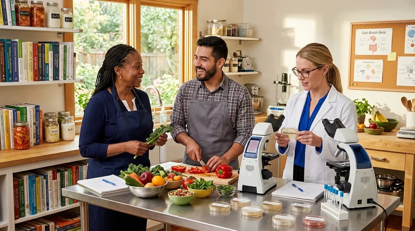 Three individuals engage in hands-on nutrition training, preparing fresh produce and examining samples with microscopes in a bright kitchen setting.