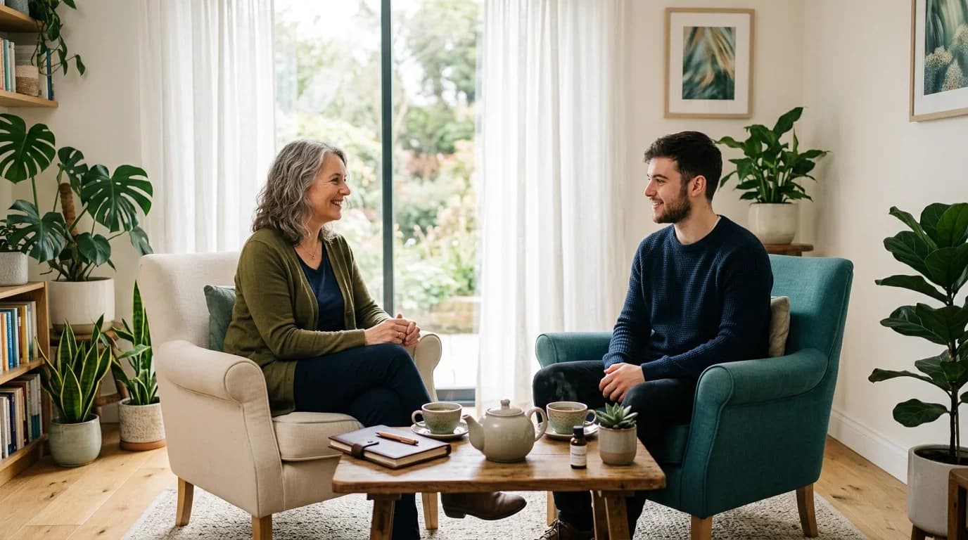 A warm, inviting setting shows two people engaged in a friendly conversation over tea, reflecting the supportive nature of wellbeing coaching.