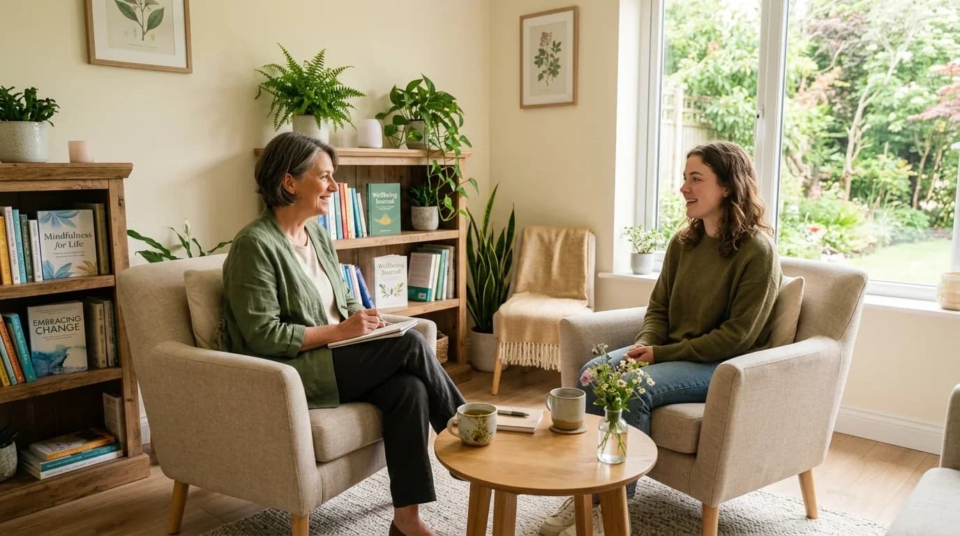 Two women engage in a coaching conversation in a cozy, well-lit room filled with plants and books on wellbeing, fostering a supportive atmosphere.