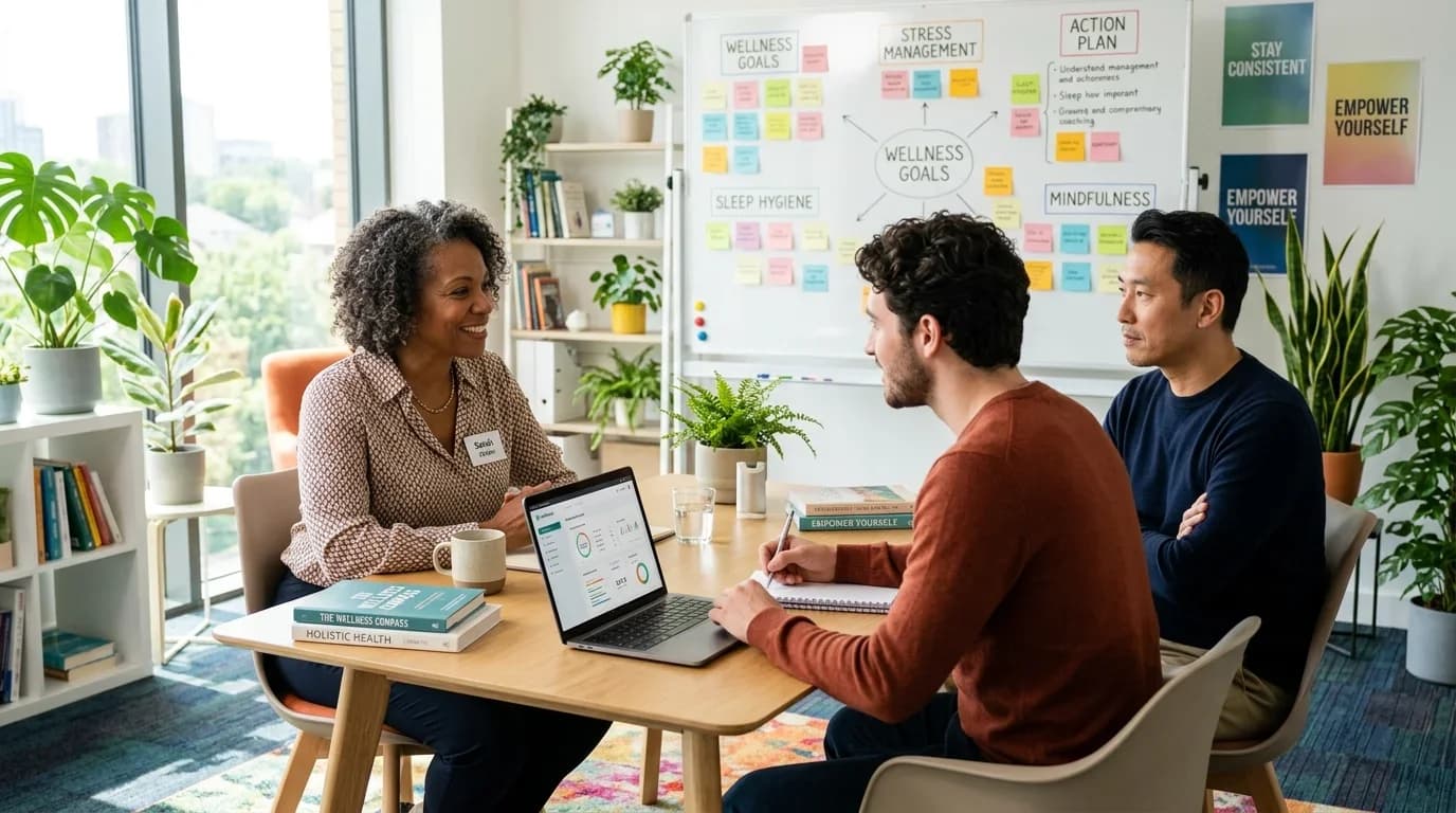 A diverse group discusses health and wellness strategies in a bright, modern setting, featuring coaching materials and a laptop for data analysis.