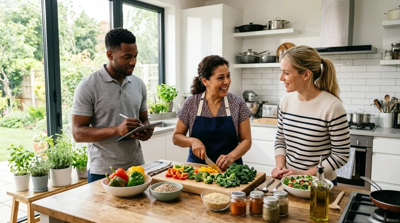 Three individuals engage in a cooking lesson, preparing fresh vegetables in a bright kitchen, emphasizing nutrition and health coaching.