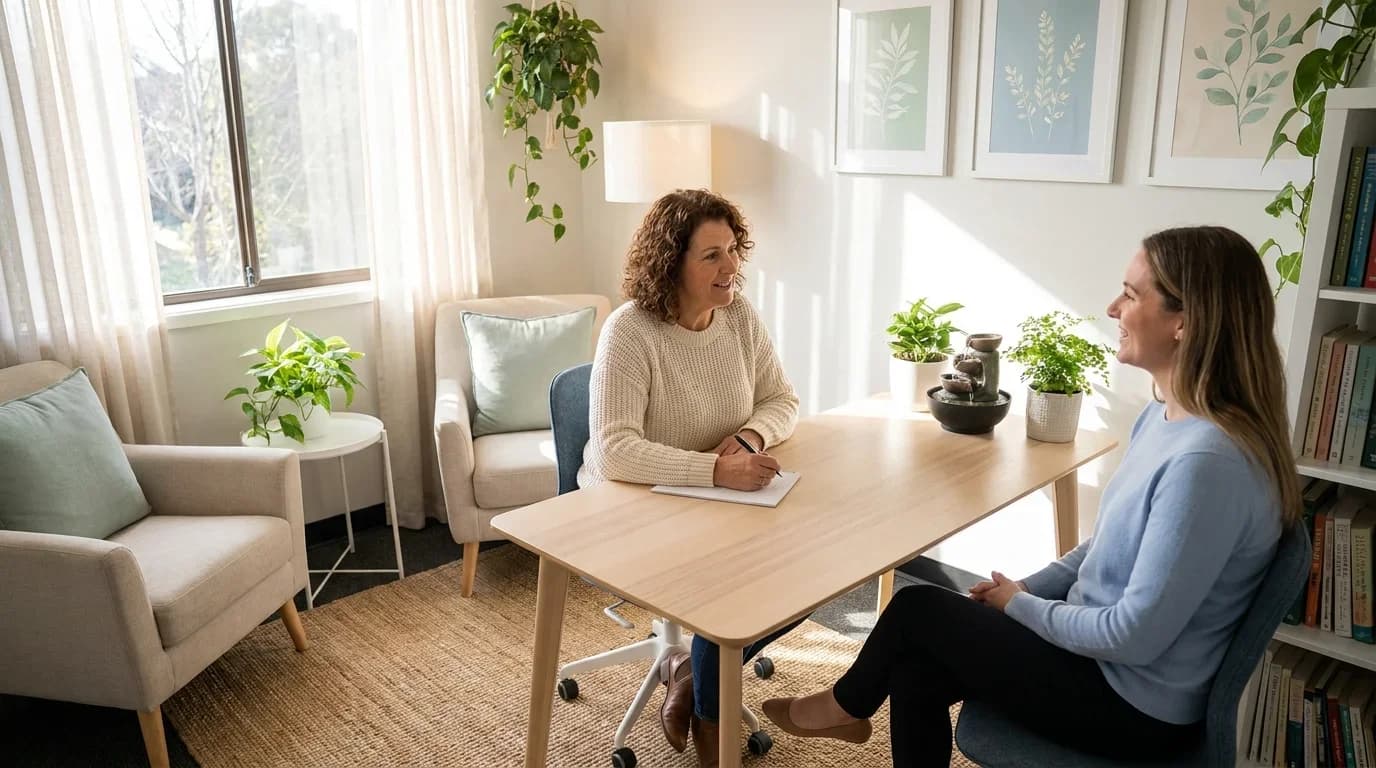 A cozy consultation room with two women engaged in a conversation, emphasizing the supportive environment of health and wellness coaching.